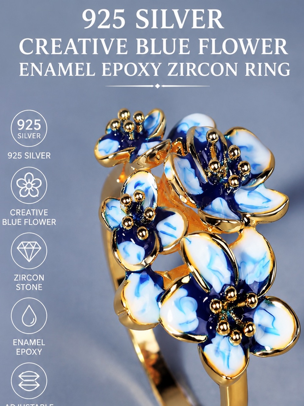 925 Silver Creative Blue Flower Enamel Epoxy Zircon Ring - Picture 7 of 8